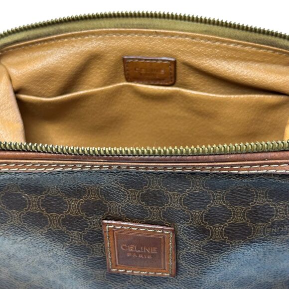 Celine Macadam Cosmetics Bag Top Zip Brown Leather Canvas Pouch Makeup Pockets - Picture 5 of 11